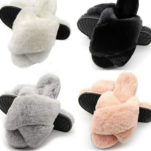 Slippers Faux Fluffy Fur Criss Cross Brand New - Picture 1 of 8